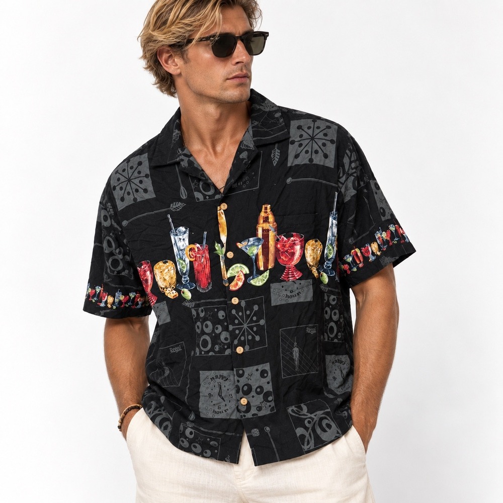 Vintage Paradise Found Honolulu Hawaii Cocktail Rayon Shirt Mens Large Black